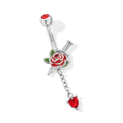 Solid ​​​​​​​Stainless Steel Red CZ, Crystal and Enamel Rose and Dagger Dangle Belly Ring - 14G 3/8"