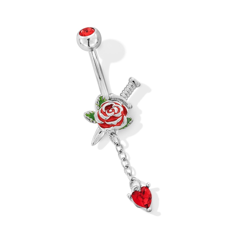 Solid Stainless Steel Red CZ, Crystal and Enamel Rose and Dagger Dangle Belly Ring - 14G 3/8"