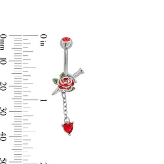 Solid ​​​​​​​Stainless Steel Red CZ, Crystal and Enamel Rose and Dagger Dangle Belly Ring - 14G 3/8"