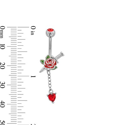 Solid ​​​​​​​Stainless Steel Red CZ, Crystal and Enamel Rose and Dagger Dangle Belly Ring - 14G 3/8"