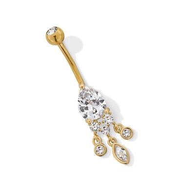 ​Solid ​​​​​​Yellow Ion-Plated Stainless Steel CZ and Crystall Dangle Belly Ring - 14G 7/16"