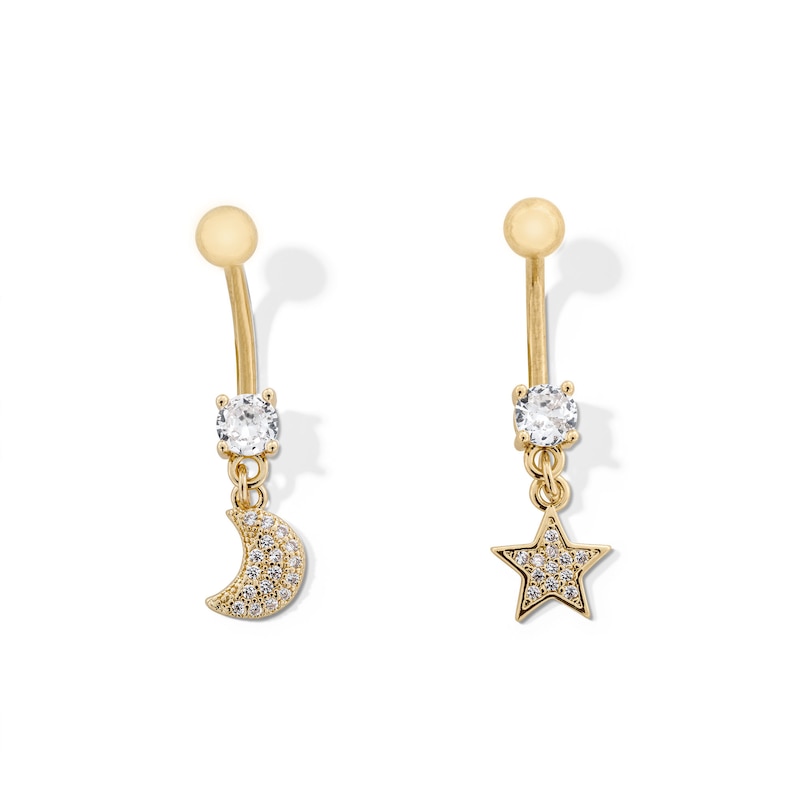 Yellow Ion Plated CZ and Simulated Crystal Star and Moon Belly Ring Set - 14G 7/16"