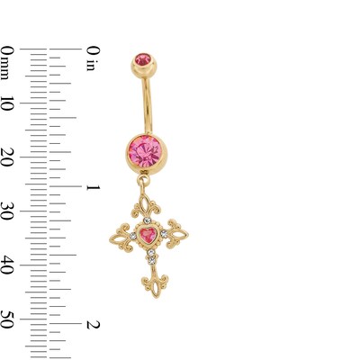 ​​​​​​​Solid Yellow Ion-Plated Pink and White CZ and Crystal Cross Dangle Belly Ring - 14G 3/8"