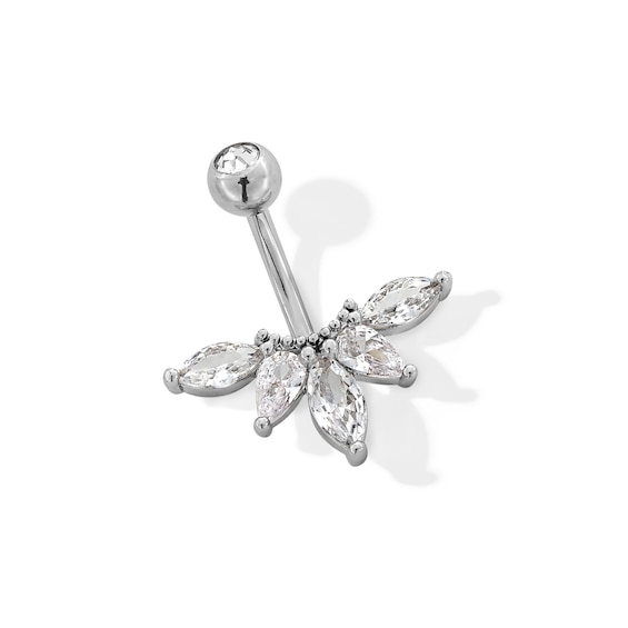 Stainless Steel CZ Marquise, Pear, and Round Belly Ring - 14G 7/16"