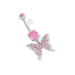 Solid Stainless Steel Pink CZ and Crystal Butterfly Dangle Belly Ring - 14G 3/8"