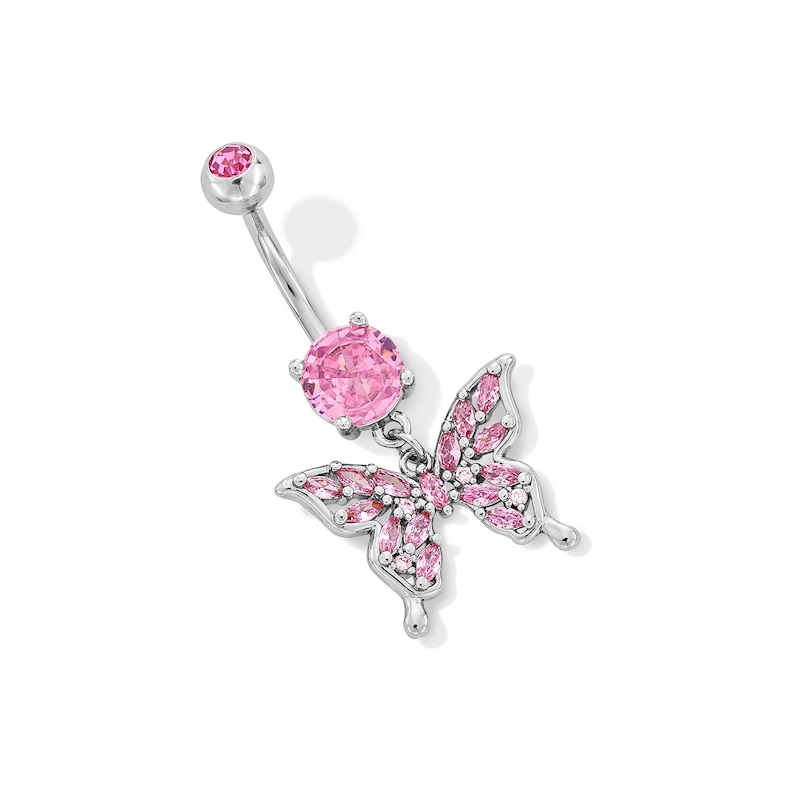 Main Image 1 of Stainless Steel Pink CZ Butterfly Dangle Belly Ring - 14G 3/8&quot;