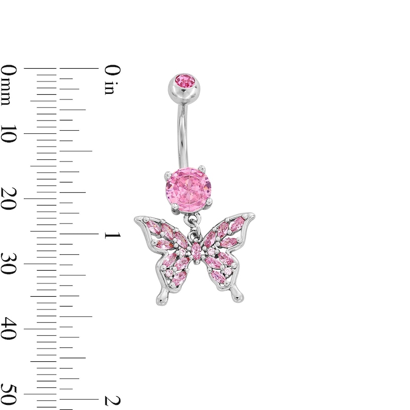 Main Image 2 of Stainless Steel Pink CZ Butterfly Dangle Belly Ring - 14G 3/8&quot;