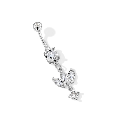 Solid Stainless Steel CZ and Crystal Round and Marquise Dangle Belly Ring - 14G 3/8"