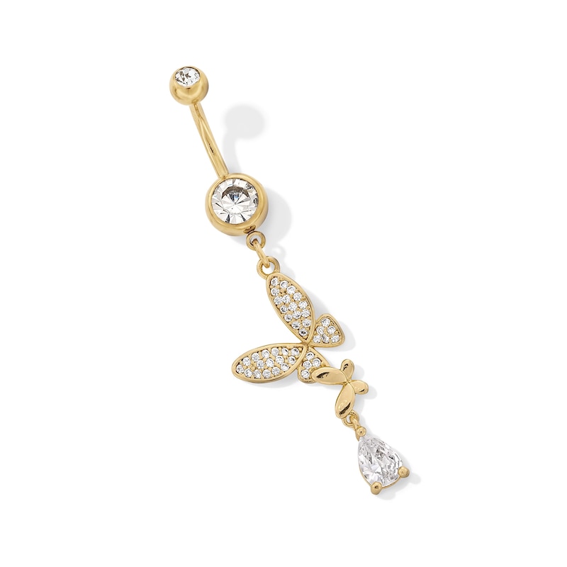 Yellow Ion Plated CZ Pear and Butterfly Dangle Belly Ring - 14G 3/8"