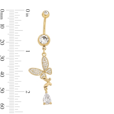 Yellow Ion Plated CZ Pear and Butterfly Dangle Belly Ring - 14G 3/8"