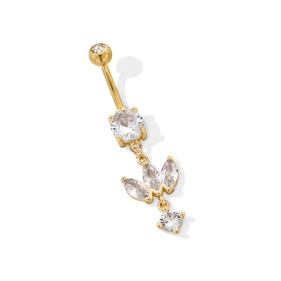 Yellow Ion Plated CZ Round and Marquise Dangle Belly Ring - 14G 3/8"