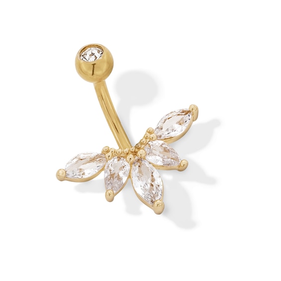 Yellow Ion Plated CZ Marquise, Pear, and Round Belly Ring - 14G 7/16"