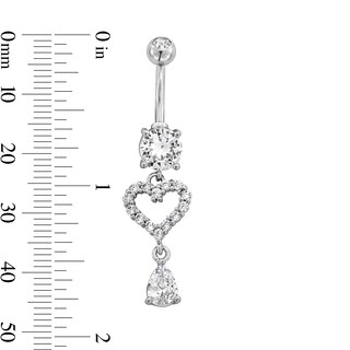 Solid Stainless Steel CZ and Crystal Heart Dangle Belly Ring - 14G 3/8"