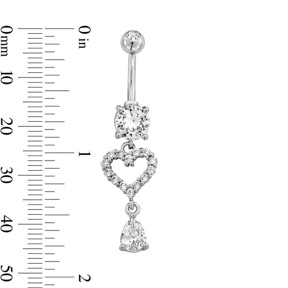 Solid Stainless Steel CZ and Crystal Heart Dangle Belly Ring - 14G 3/8"
