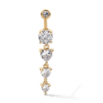 Solid Yellow Ion-Plated CZ and Crystal Heart Dangle Belly Ring - 14G 3/8"