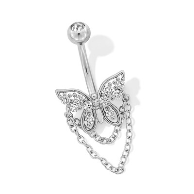 Solid Stainless Steel CZ and Crystal Butterfly Chain Dangle Belly Ring - 14G 7/16"