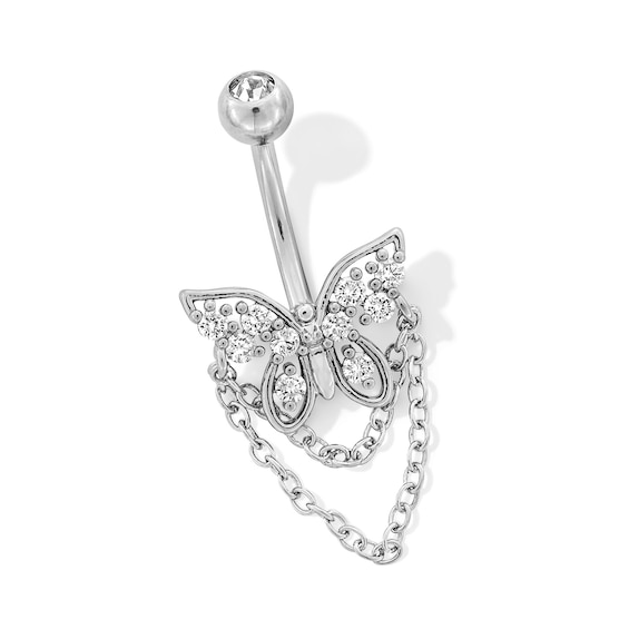 Solid Stainless Steel CZ and Crystal Butterfly Chain Dangle Belly Ring - 14G 7/16"