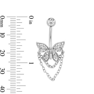 Solid Stainless Steel CZ and Crystal Butterfly Chain Dangle Belly Ring - 14G 7/16"