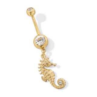 Yellow Ion Plated Glass Stone Seahorse Dangle Belly Ring - 14G 3/8"