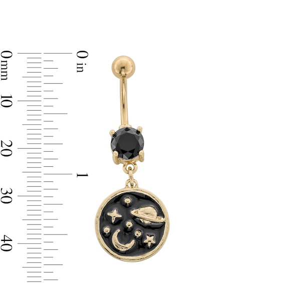 Yellow Ion Plated Black CZ and Enamel Space Belly Ring - 14G 7/16"
