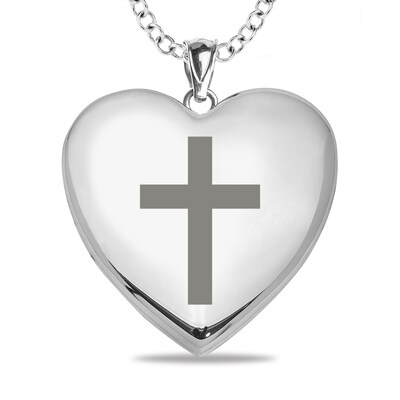 Cross Photo Engravable Heart Locket Pendant - 18"