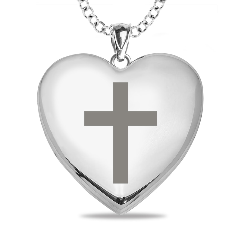 Cross Photo Engravable Heart Locket Pendant - 18"