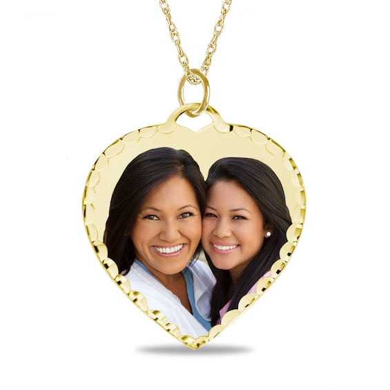 10K Solid Gold Diamond-Cut Photo Heart Pendant - 18"
