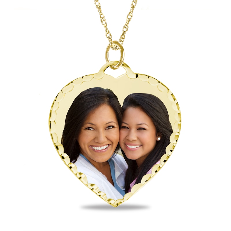 10K Solid Gold Diamond-Cut Photo Heart Pendant - 18"
