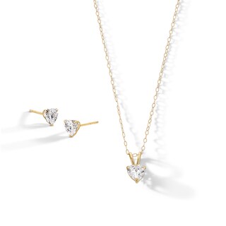 10K Gold CZ Heart Studs and Pendant Set