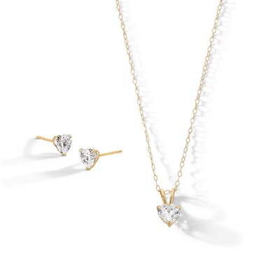 10K Gold CZ Heart Studs and Pendant Set