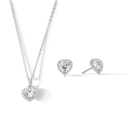 Sterling Silver CZ Heart Halo Studs and Pendant Set