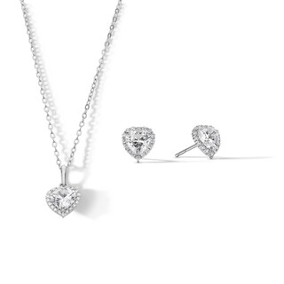 Sterling Silver CZ Heart Halo Studs and Pendant Set