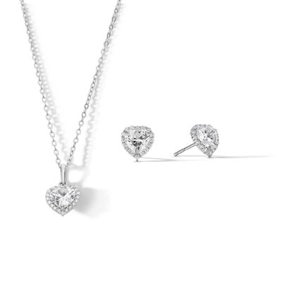 Sterling Silver CZ Heart Halo Studs and Pendant Set