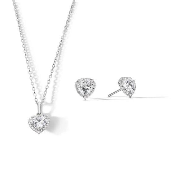 Sterling Silver CZ Heart Halo Studs and Pendant Set