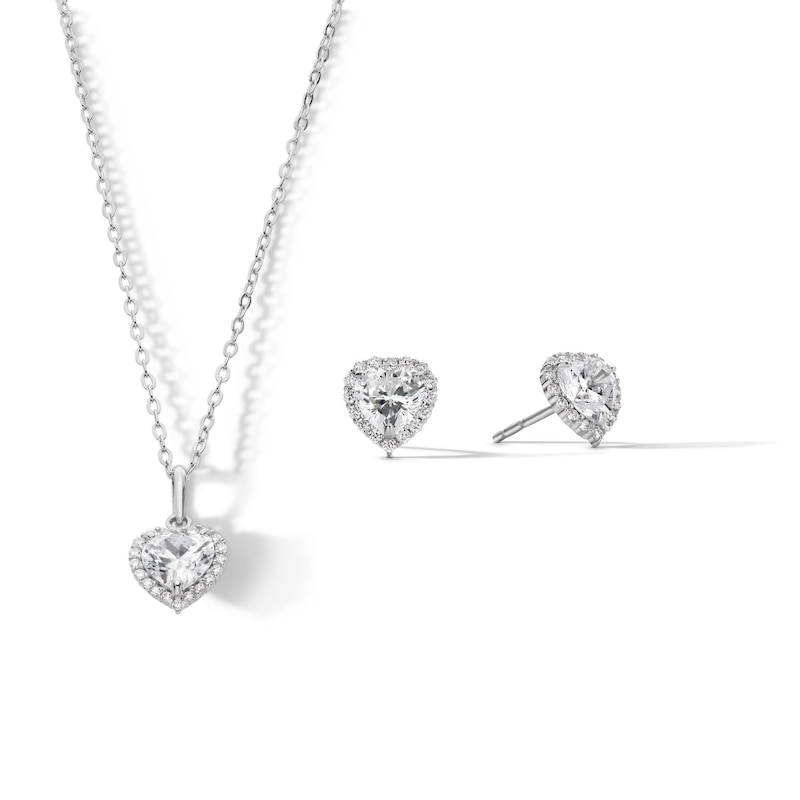 Sterling Silver CZ Heart Halo Studs and Pendant Set