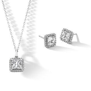 Sterling Silver CZ Square Halo Studs and Pendant Set