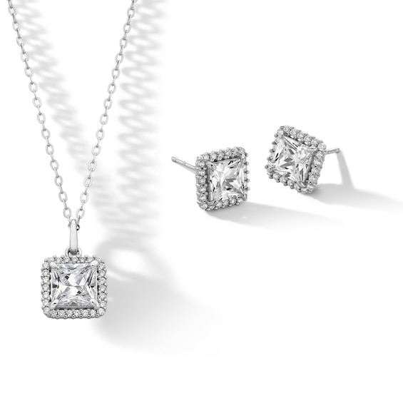 Sterling Silver CZ Square Halo Studs and Pendant Set