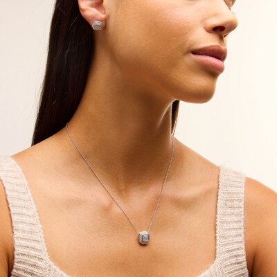 Sterling Silver 1/20 CT. T.W. Diamond Cushion Studs and Pendant Set