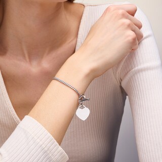 Sterling Silver Heart Charm Cuban Chain Bracelet Made in Italy - 7.5"