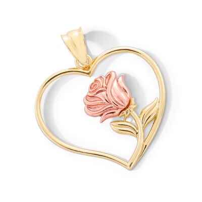 10K Gold Rose in Heart Two-Tone Necklace Charm