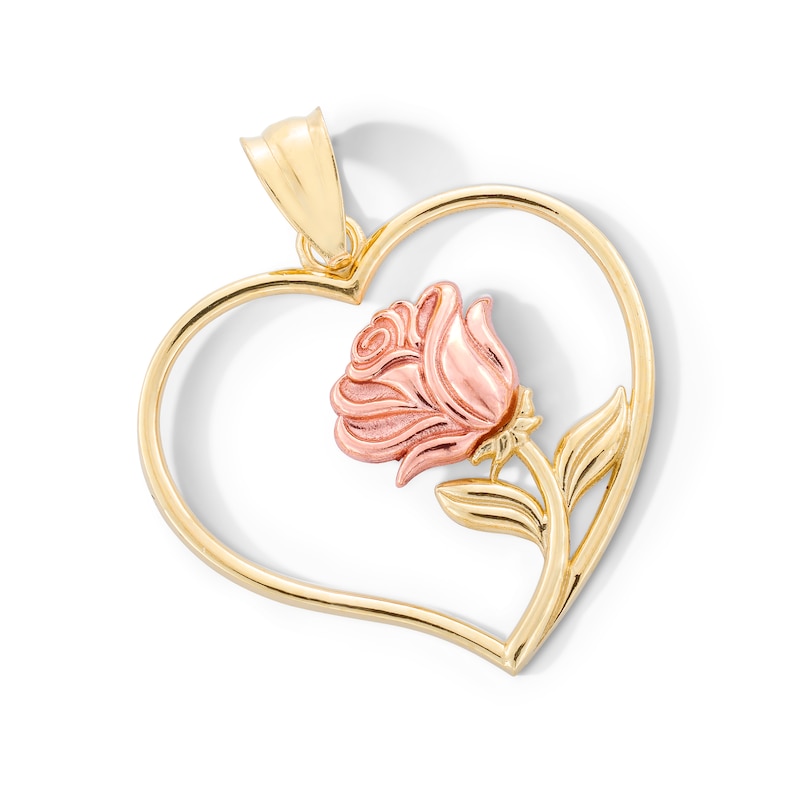 10K Gold Rose in Heart Two-Tone Necklace Charm