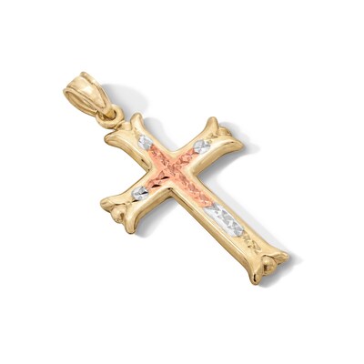 10K Gold Diamond-Cut Cross Tri-Tone Necklace Charm