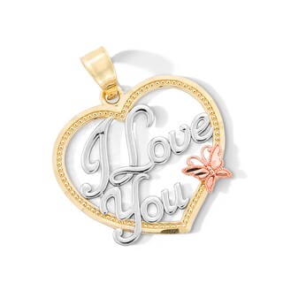 10K Gold I Love You Butterfly Heart Tri-Tone Necklace Charm
