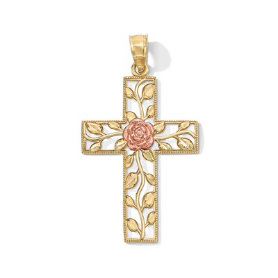 10K Gold Rose Center Cross Two-Tone Necklace Charm