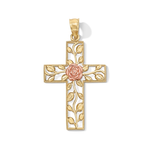 10K Gold Rose Center Cross Two-Tone Necklace Charm