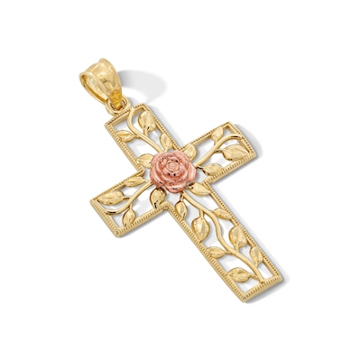 10K Gold Rose Center Cross Two-Tone Necklace Charm