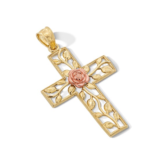 10K Gold Rose Center Cross Two-Tone Necklace Charm
