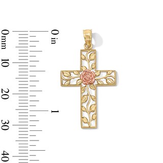 10K Gold Rose Center Cross Two-Tone Necklace Charm