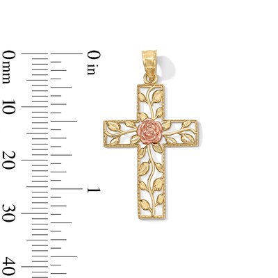10K Gold Rose Center Cross Two-Tone Necklace Charm