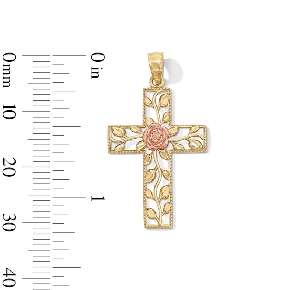 10K Gold Rose Center Cross Two-Tone Necklace Charm